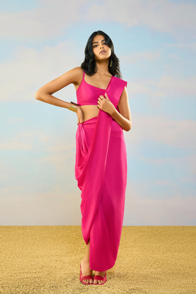 TEXTURED FUCHSIA STRAPPY BANDEAU & SARI DRAPE SKIRT