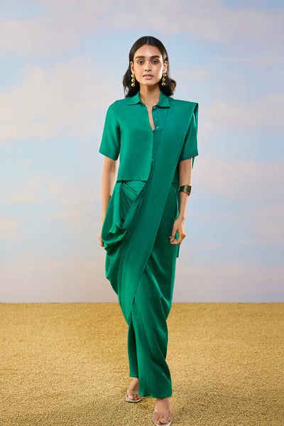 TEXTURED FRONT BUTTON SHIRT & SARI DRAPE SKIRT