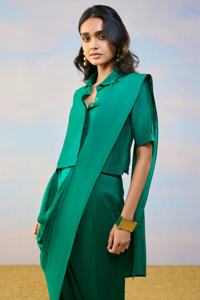 TEXTURED FRONT BUTTON SHIRT & SARI DRAPE SKIRT