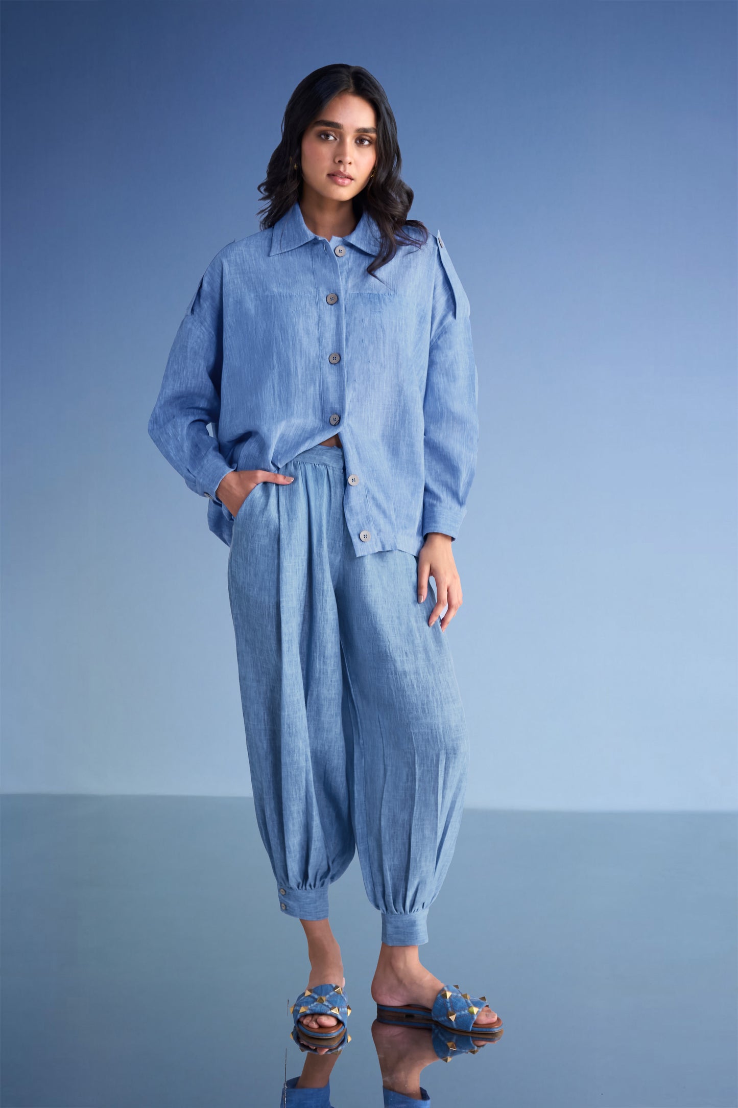 BOX PLEATED LINEN-TEXTURED SHIRT & PANT SET