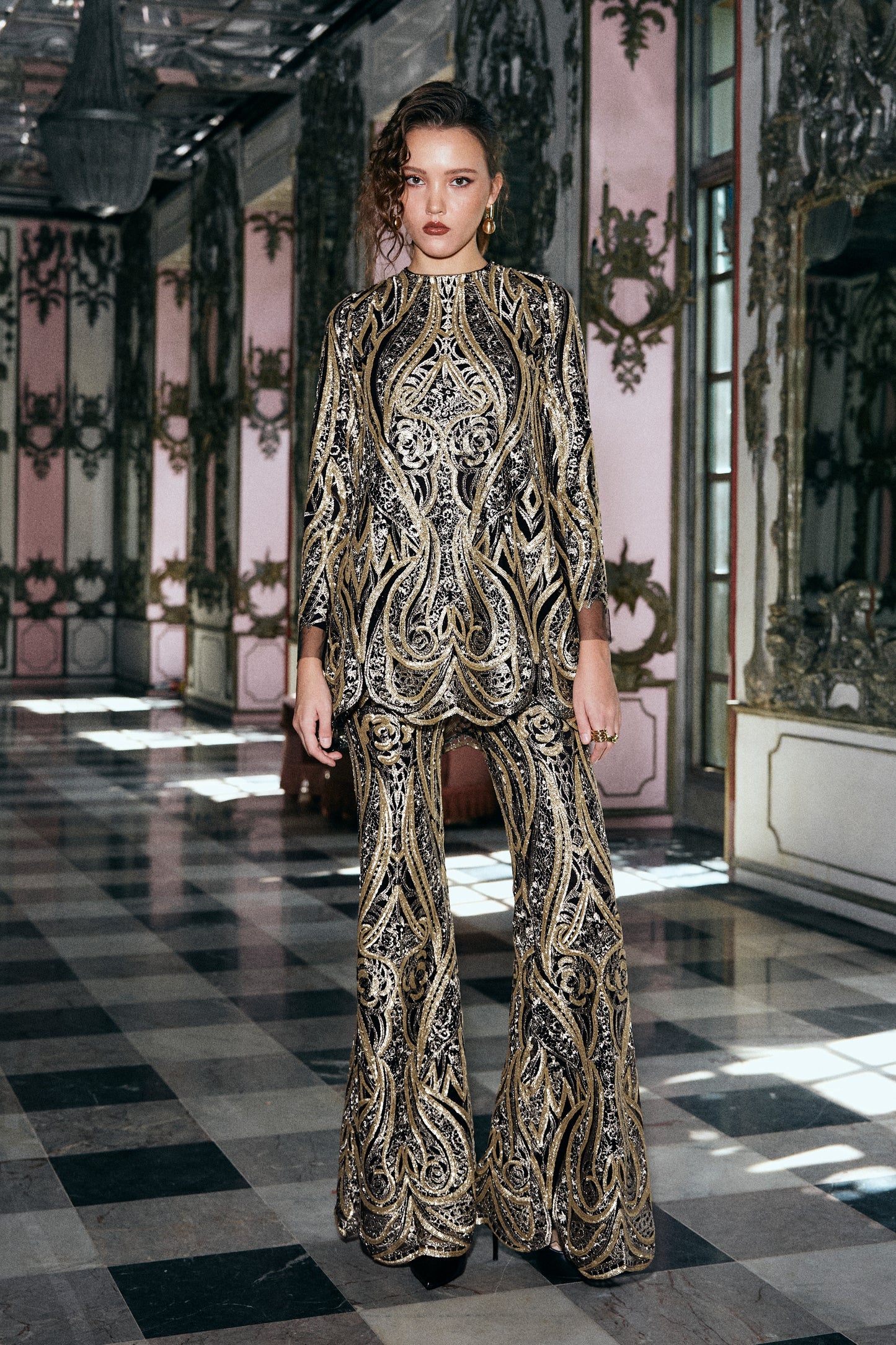 GOLD EMBROIDERED FLARED PANT SET