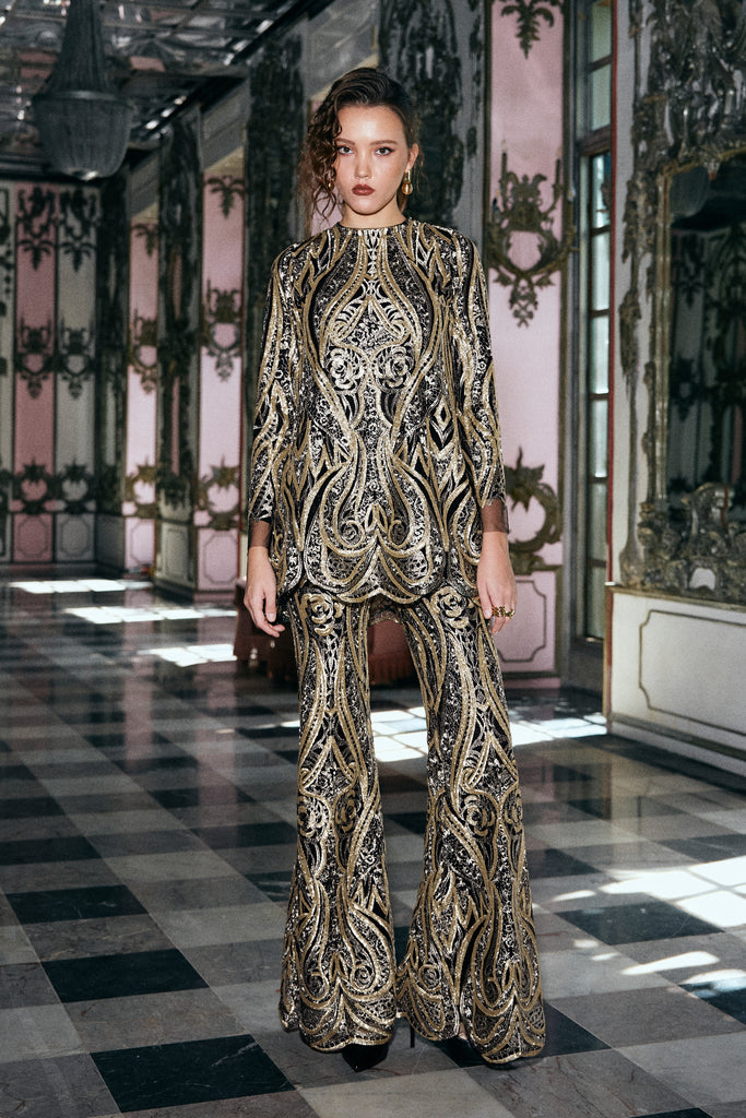 GOLD EMBROIDERED FLARED PANT SET dash and dot