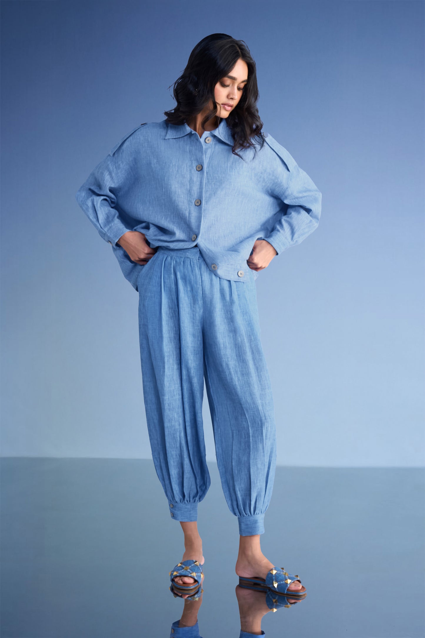 BOX PLEATED LINEN-TEXTURED SHIRT & PANT SET
