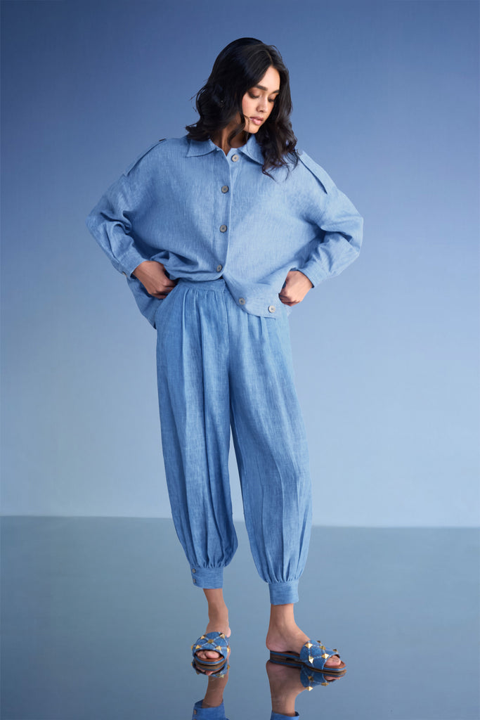 BOX PLEATED LINEN-TEXTURED SHIRT & PANT SET dash and dot