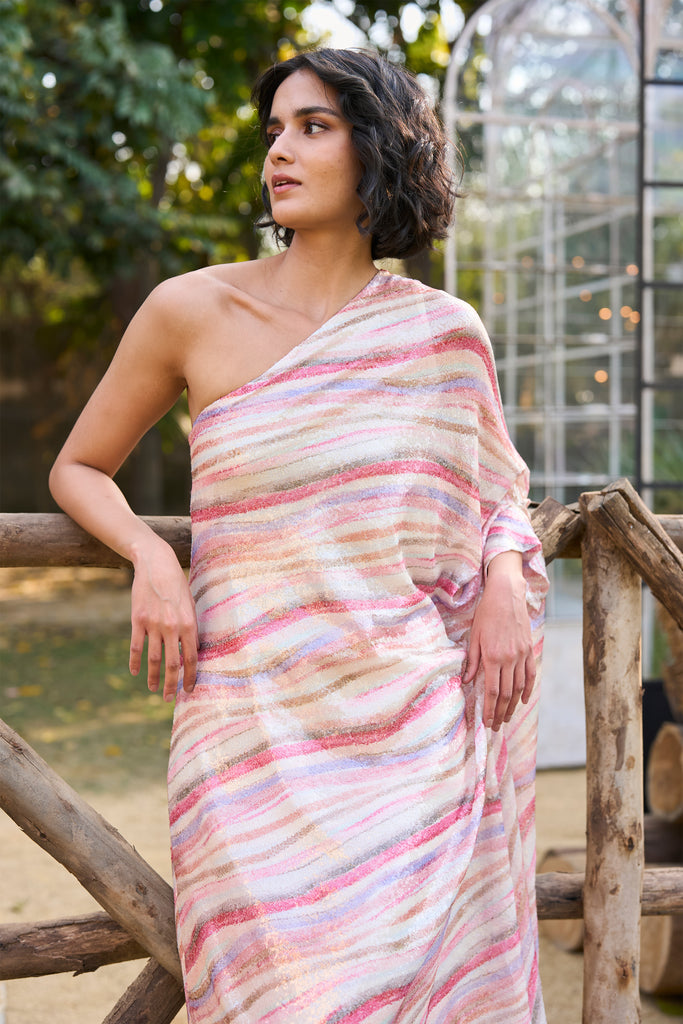ONE-SHOULDER DRAPED SEQUIN DRESS dash and dot