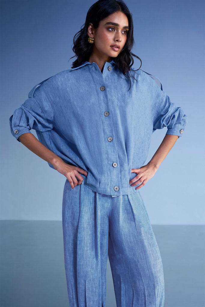 BOX PLEATED LINEN-TEXTURED SHIRT & PANT SET dash and dot