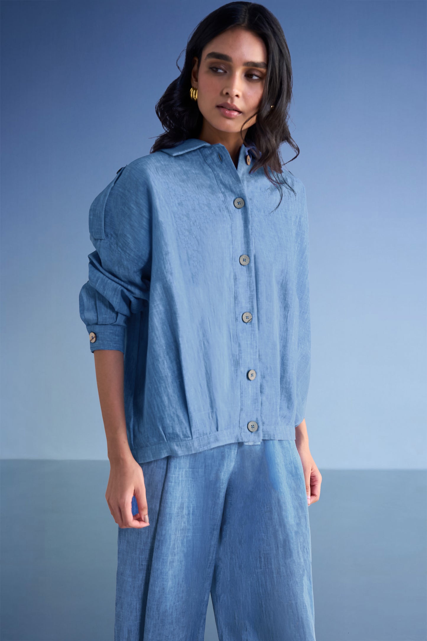 BOX PLEATED LINEN-TEXTURED SHIRT & PANT SET