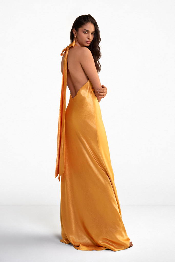 BACK KNOT HALTER SATIN GOWN dash and dot