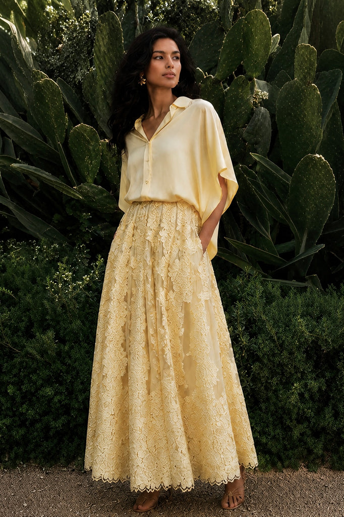 YELLOW SATIN SHIRT & CUTWORK LACE APPLIQUÉ FLARED SKIRT dash and dot
