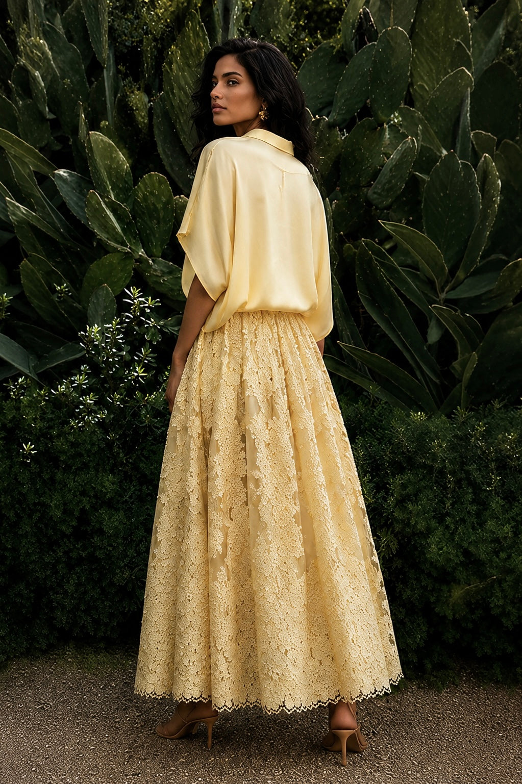 YELLOW SATIN SHIRT & CUTWORK LACE APPLIQUÉ FLARED SKIRT
