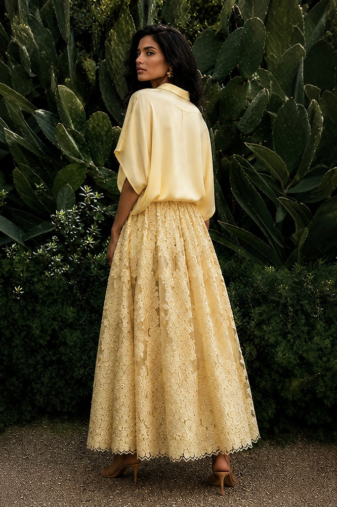 YELLOW SATIN SHIRT & CUTWORK LACE APPLIQUÉ FLARED SKIRT dash and dot