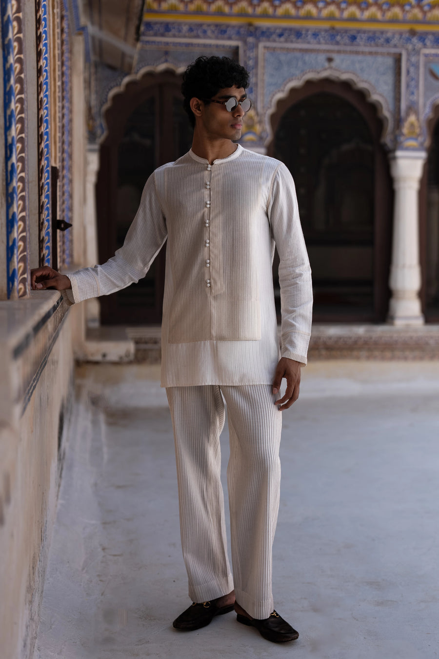 EMBROIDERED STRIPE SHIRT & STRAIGHT CUT PANT SET