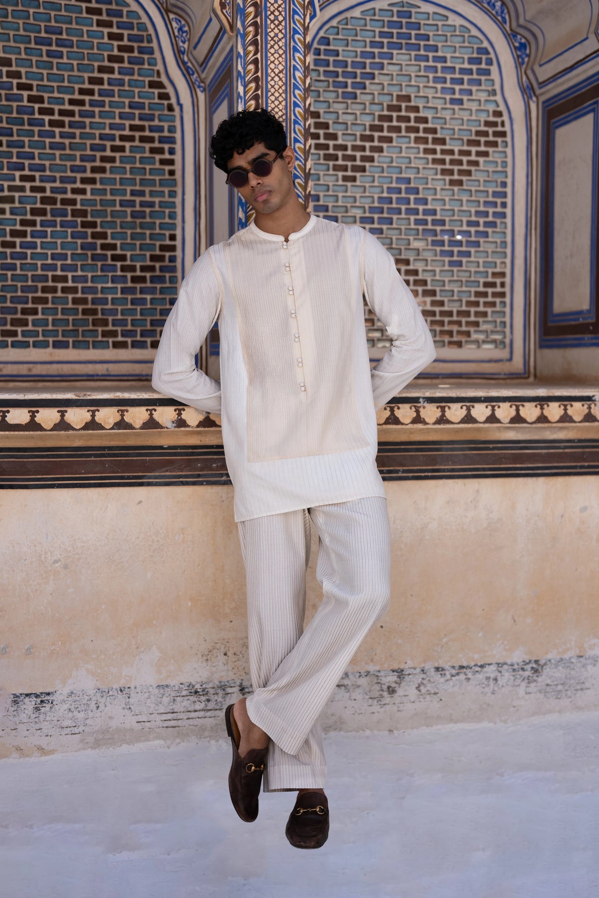 Embroidered Stripe Shirt & Straight Cut Pant Set
