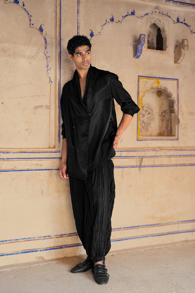 Draped Collar Overlap Shirt & Crushed Crinkled Pant Set