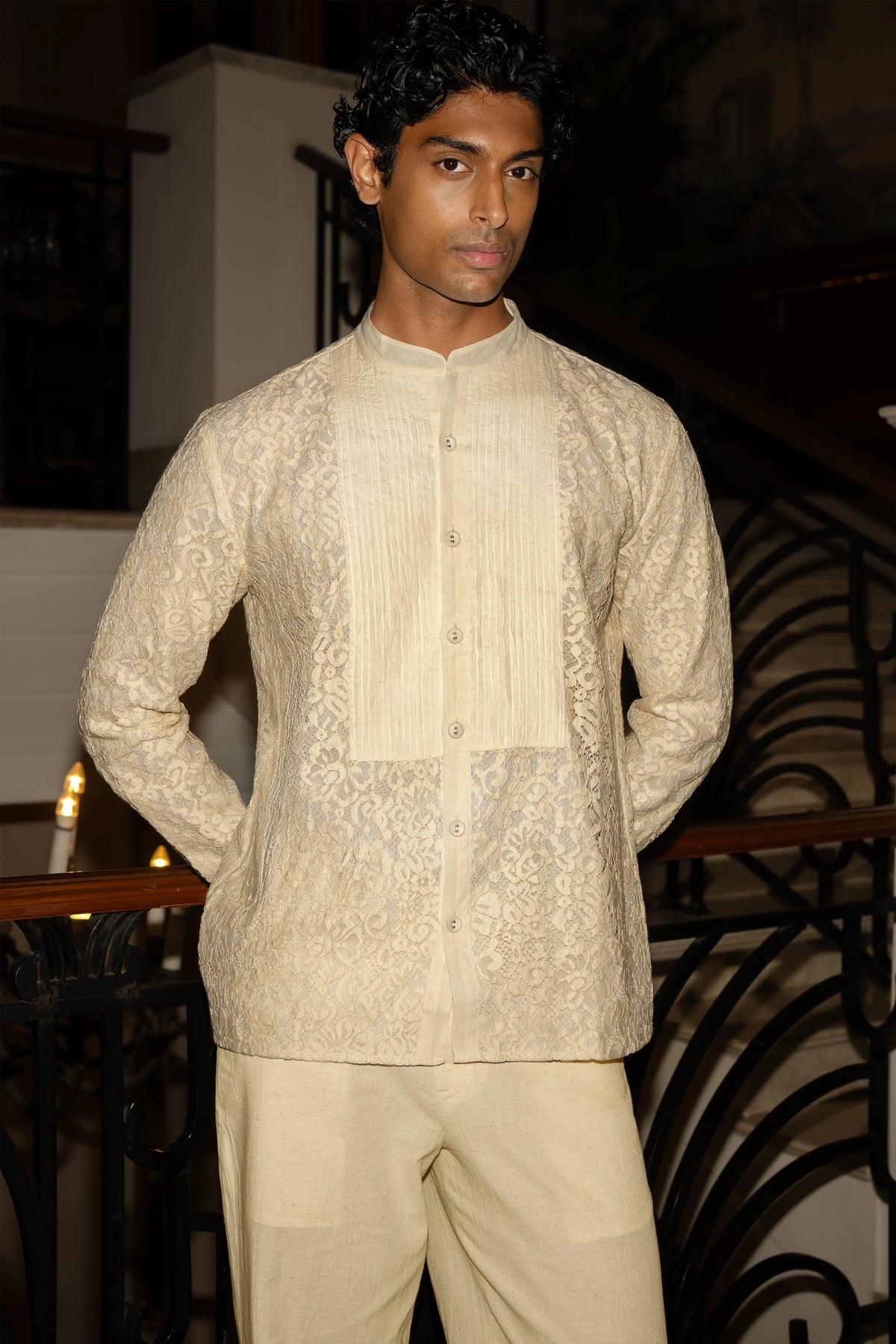 PINTUCK-LACE SHIRT & STRAIGHT-CUT LINEN PANT