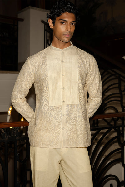 PINTUCK-LACE SHIRT & STRAIGHT-CUT LINEN PANT