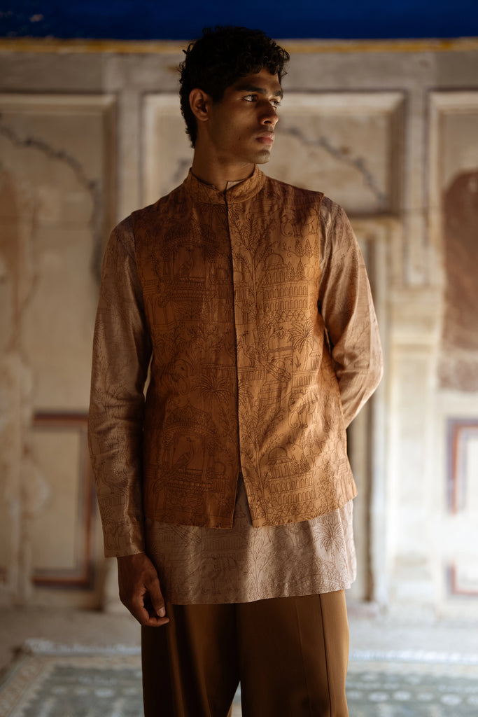 Heritage Embroidered Benares Silk Bandi, Kurta Shirt & Barrel Pant dash and dot