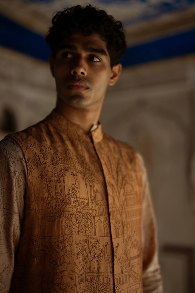 Heritage Embroidered Benares Silk Bandi, Kurta Shirt & Barrel Pant dash and dot