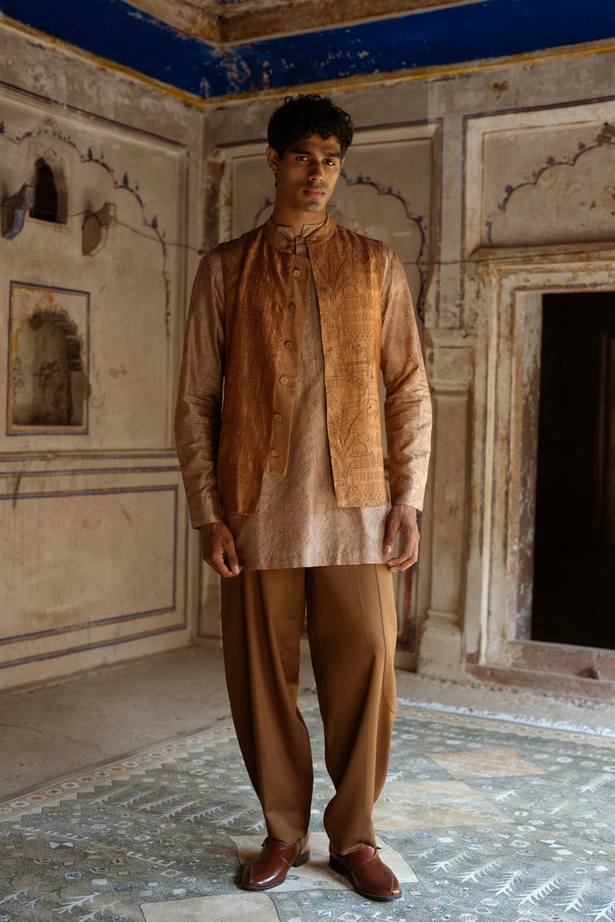 Heritage Embroidered Benares Silk Bandi, Kurta Shirt & Barrel Pant dash and dot