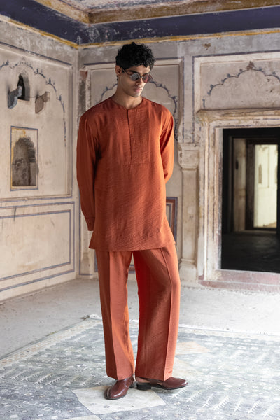 Rust Textured Shirt & Straight-Cut Pant Set