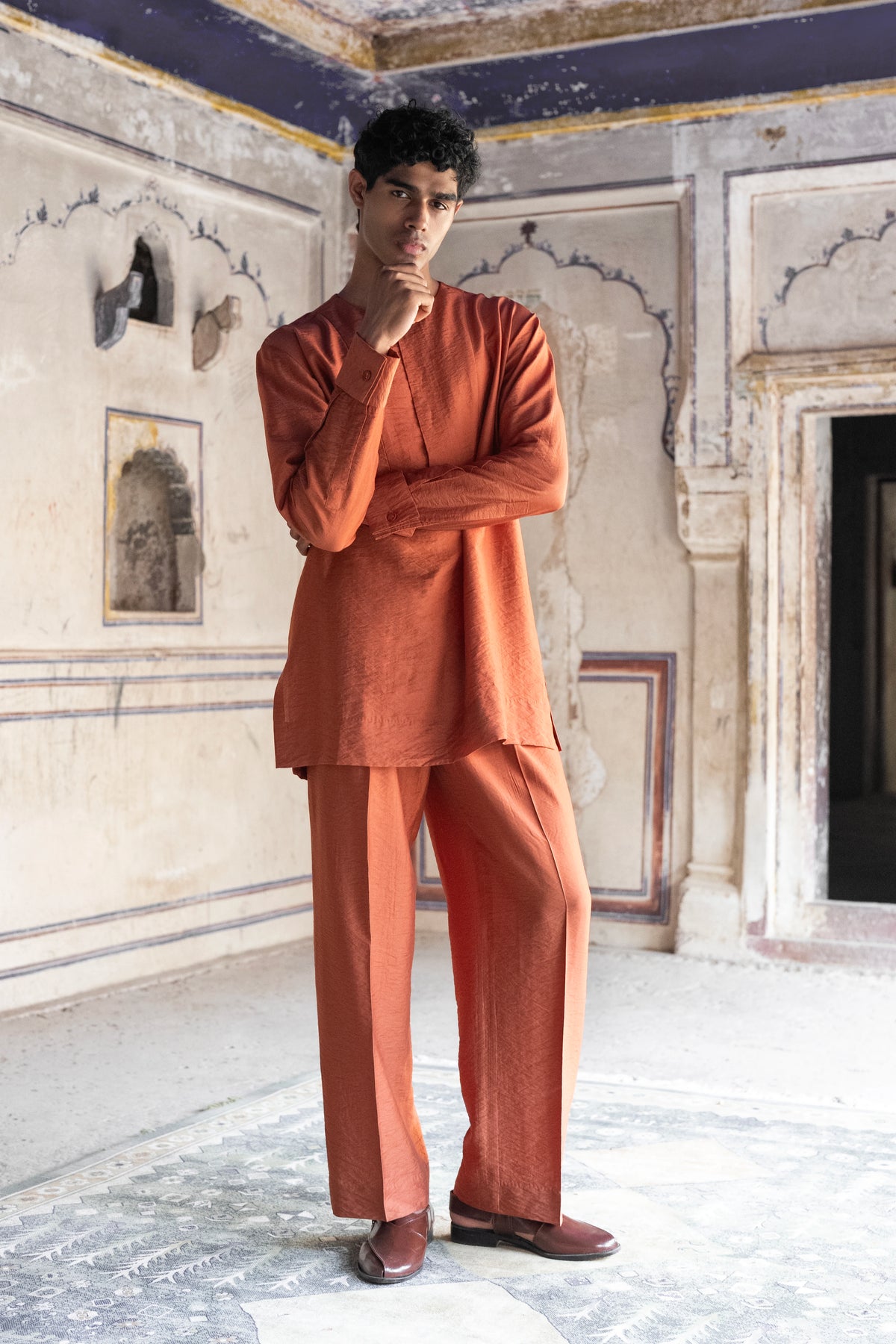 Rust Textured Straight Cut Pant