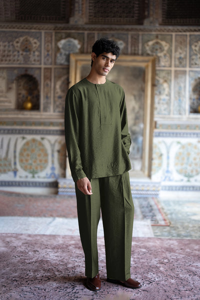 Olive Textured Shirt & Straight Cut Pant Set