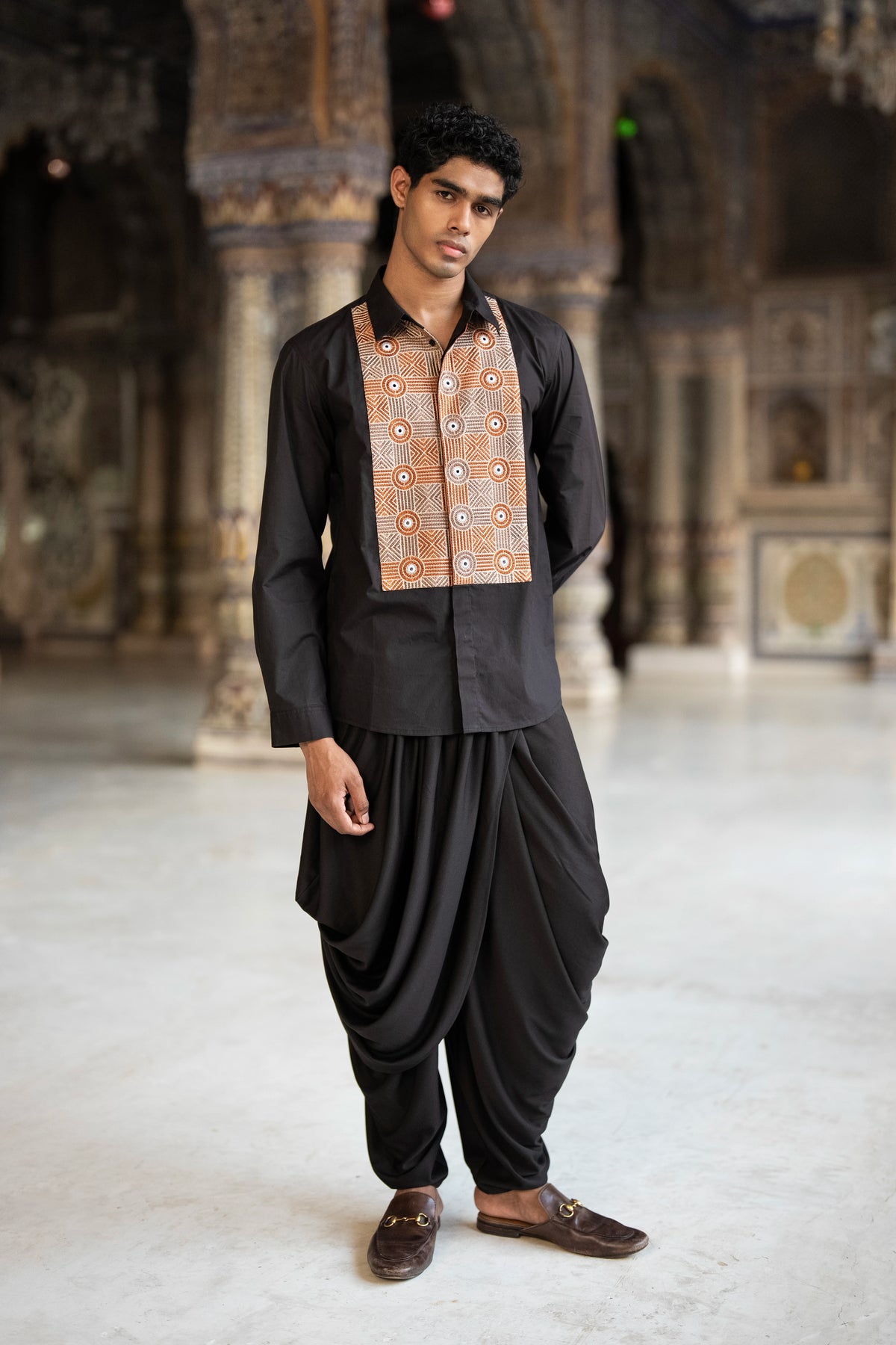 Mirror & Thread Embroidred Shirt & Drape Panel Dhoti Pant