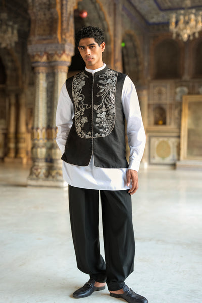 Embroidered Bib Bandi, Poplin Shirt & Front Pleat Pant
