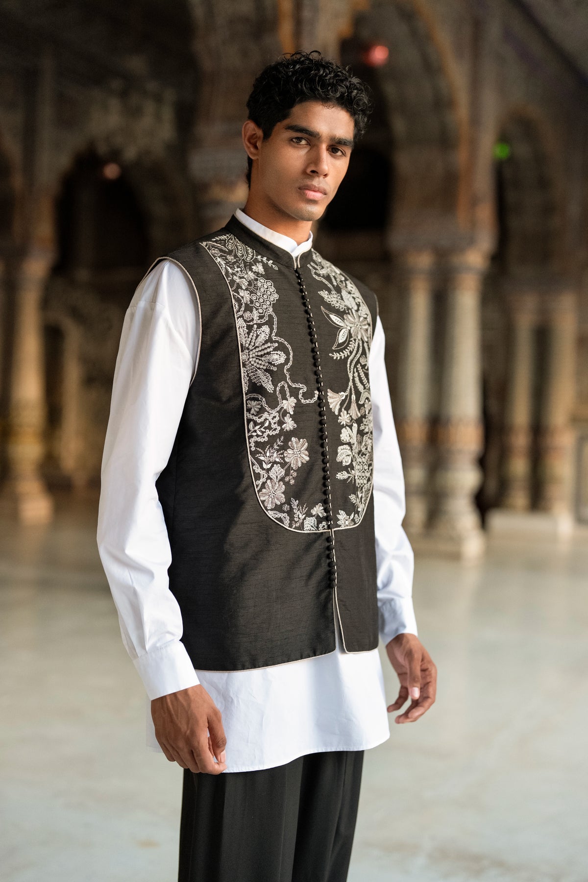 Embroidered Bib Bandi, Poplin Shirt & Front Pleat Pant