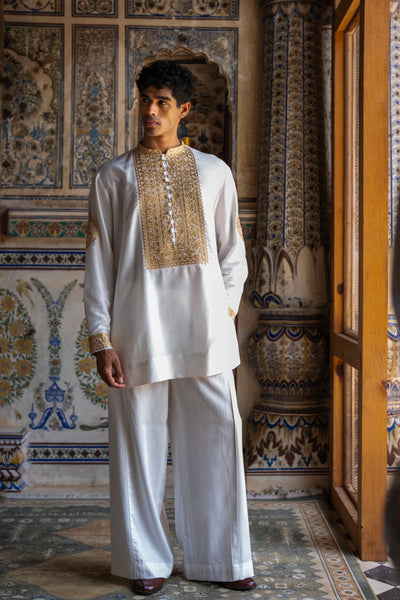 Metallic Thread Embroidered Ivory Shirt & Wide-Legged Pant