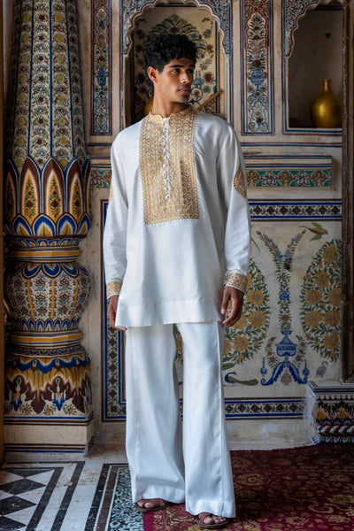 Metallic Thread Embroidered Ivory Shirt & Wide-Legged Pant