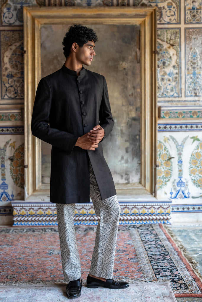 Linen Textured Blazer With Aari Stitch Shawl & Geometric Printed Pant dash and dot