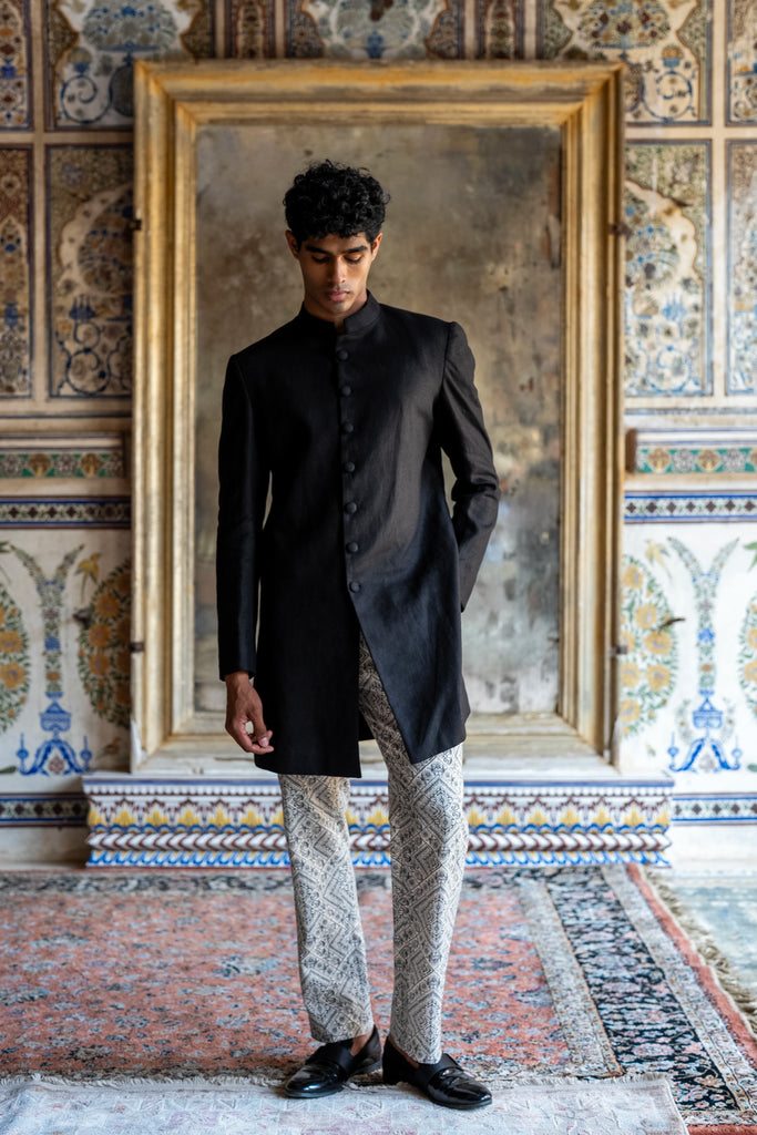 Linen Textured Blazer With Aari Stitch Shawl & Geometric Printed Pant dash and dot