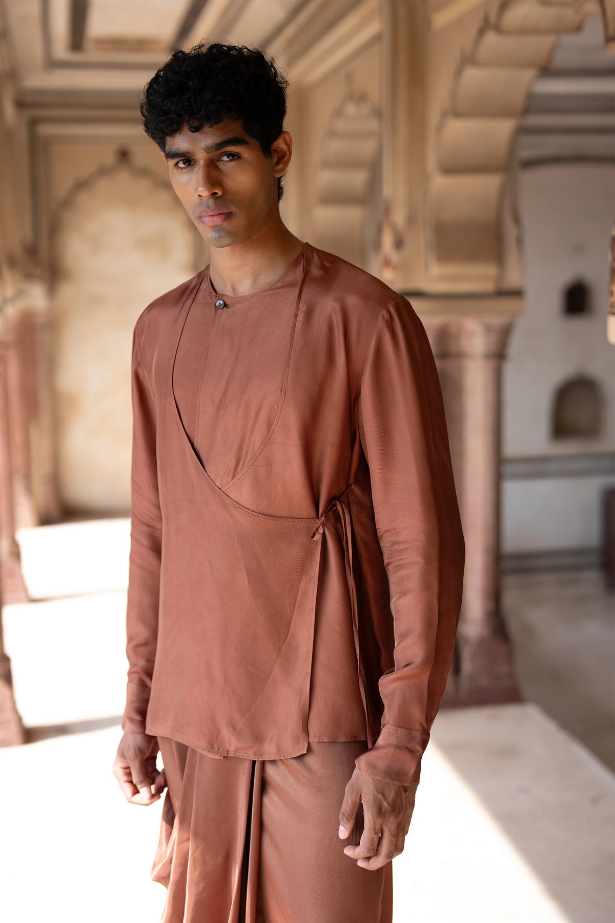 Satin Twill Overlap Shirt & Asymmetric Drape Cowl Pant