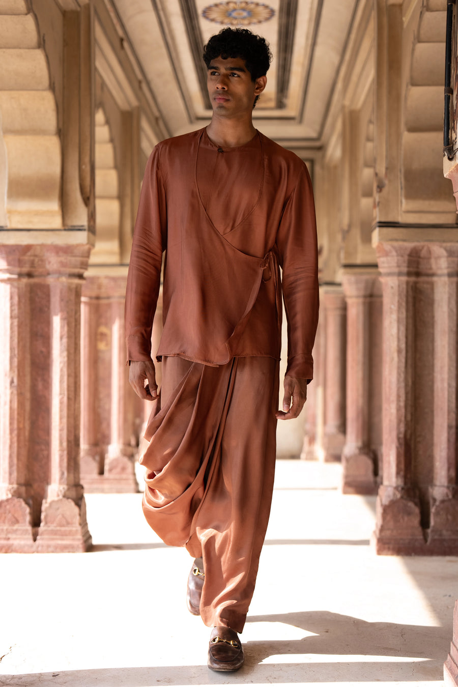 SATIN TWILL OVERLAP SHIRT & ASYMMETRIC DRAPE COWL PANT