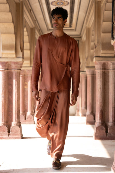 Satin Twill Overlap Shirt & Asymmetric Drape Cowl Pant