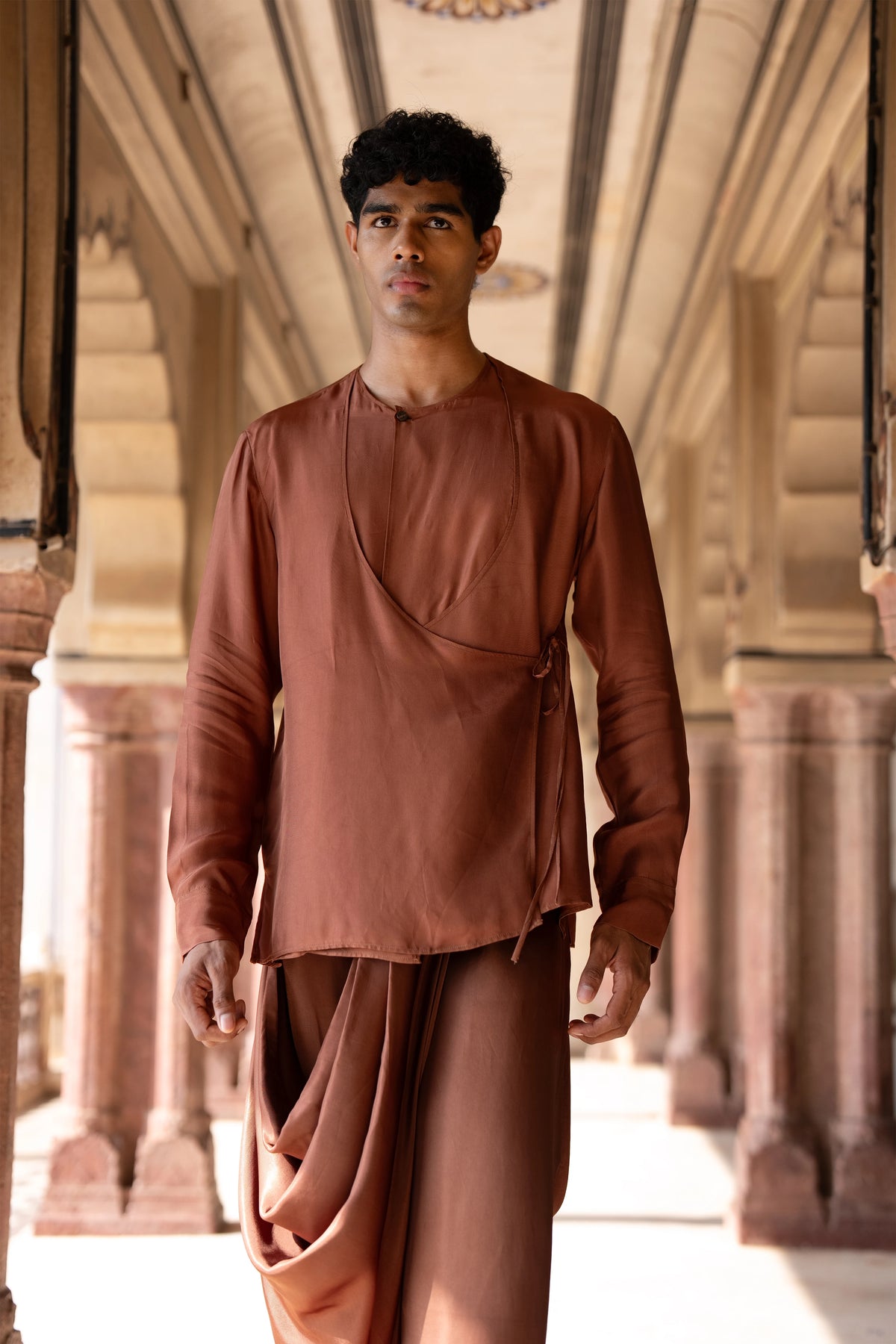 Satin Twill Overlap Shirt & Asymmetric Drape Cowl Pant