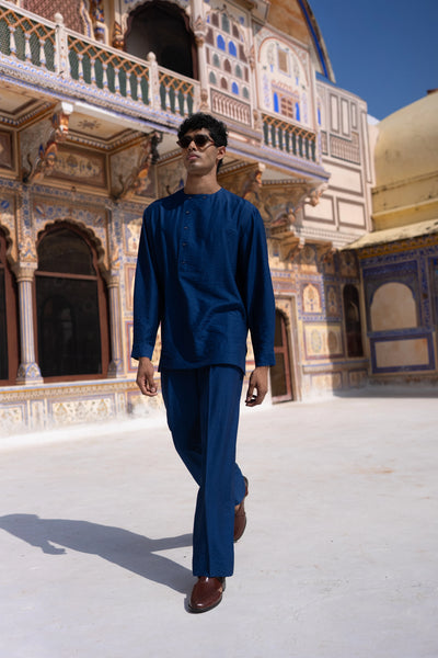Royal Blue Textured Shirt & Pant Set