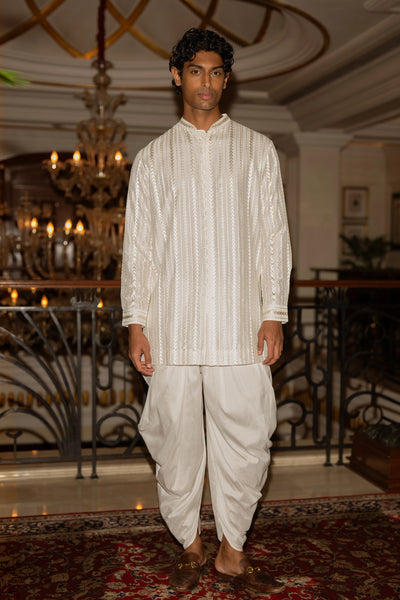 IVORY EMBROIDERED JACKET, LONGLINE SHIRT & DRAPED DHOTI PANT