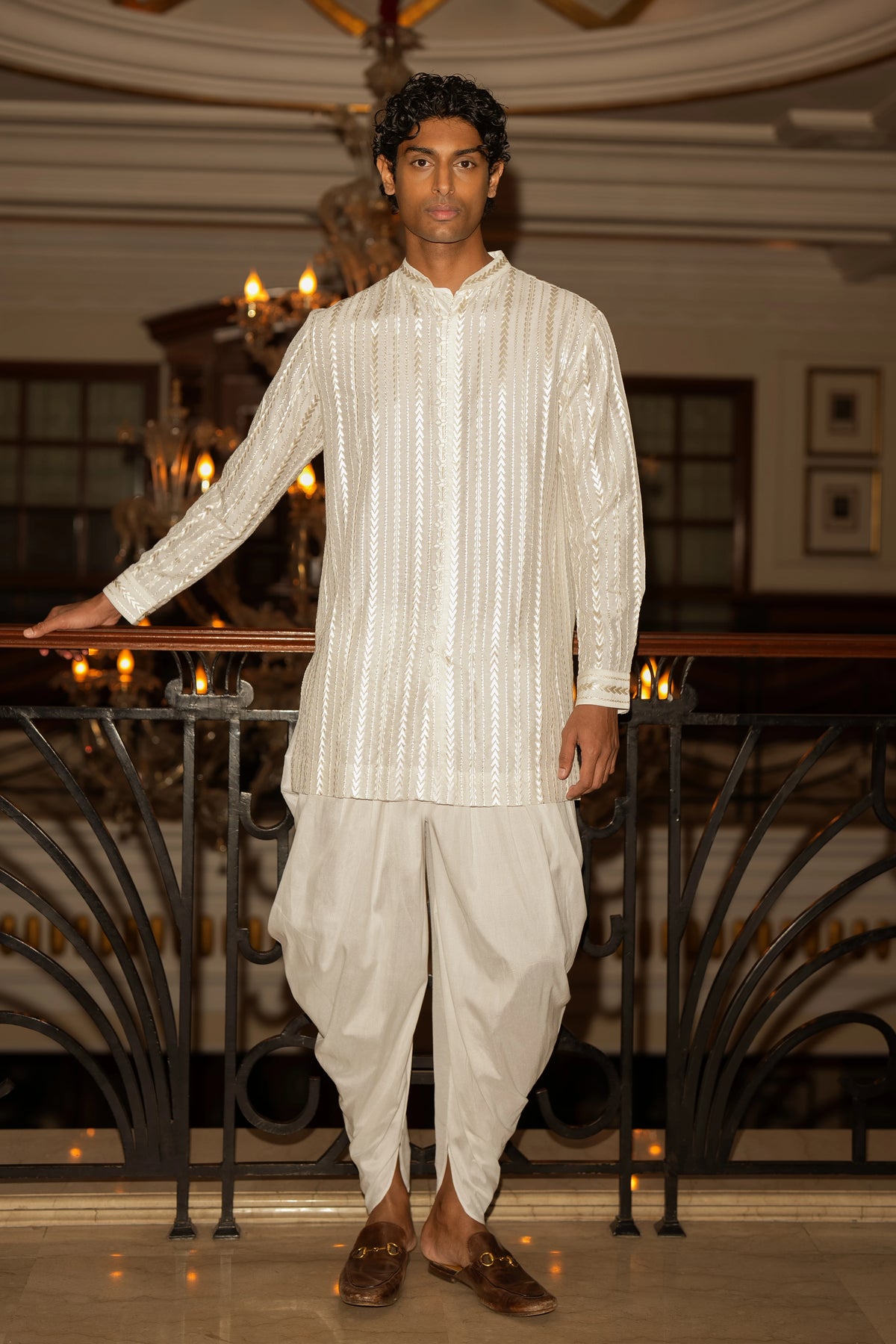 IVORY EMBROIDERED JACKET, LONGLINE SHIRT & DRAPED DHOTI PANT