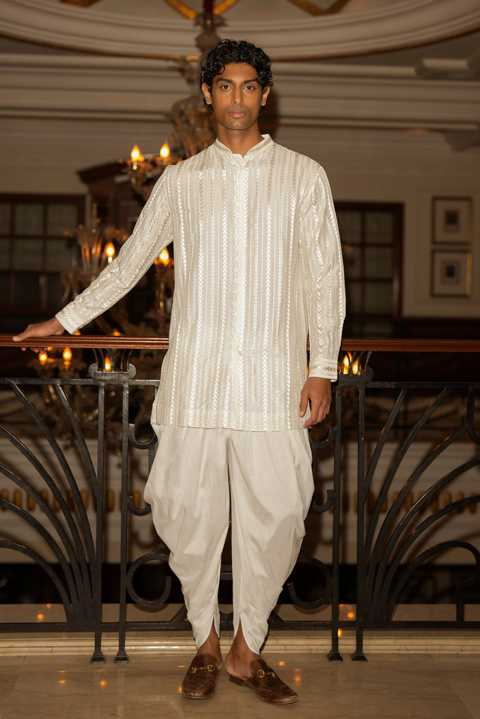 IVORY EMBROIDERED JACKET, LONGLINE SHIRT & DRAPED DHOTI PANT dash and dot