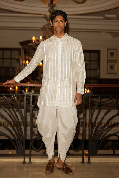 IVORY EMBROIDERED JACKET, LONGLINE SHIRT & DRAPED DHOTI PANT