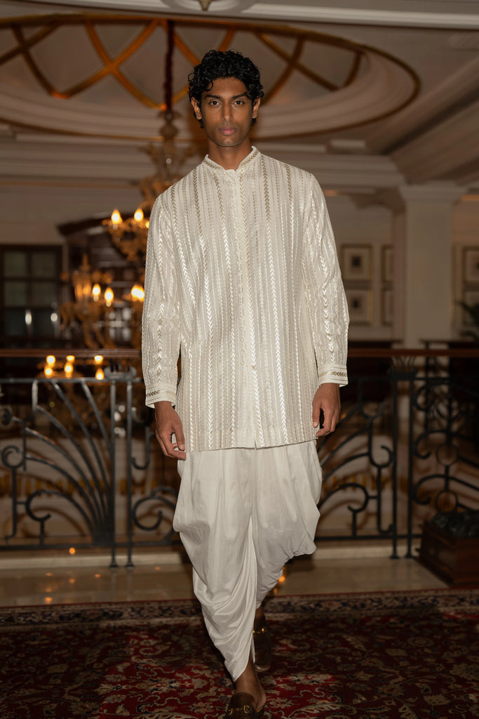 IVORY EMBROIDERED JACKET, LONGLINE SHIRT & DRAPED DHOTI PANT dash and dot