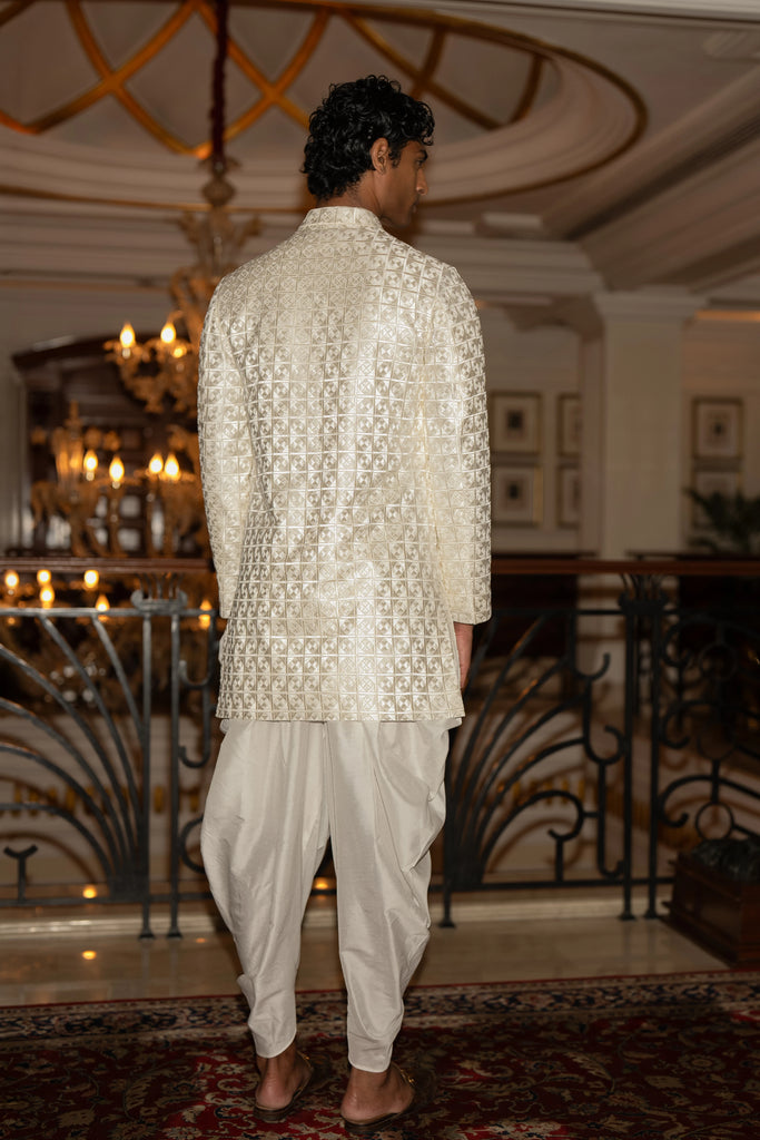 IVORY EMBROIDERED JACKET, LONGLINE SHIRT & DRAPED DHOTI PANT dash and dot