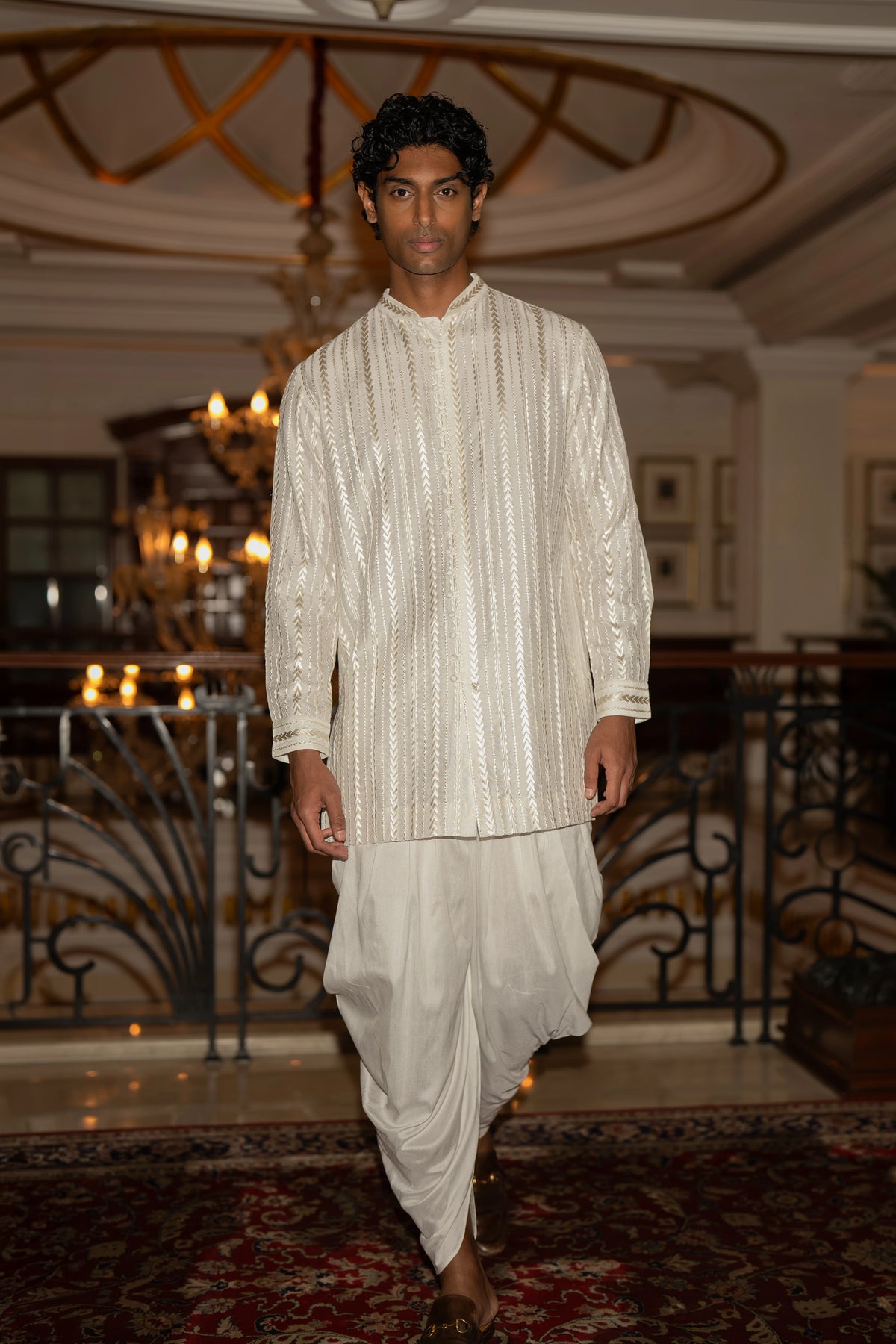 EMBROIDERED LONGLINE SHIRT & DRAPED DHOTI PANT