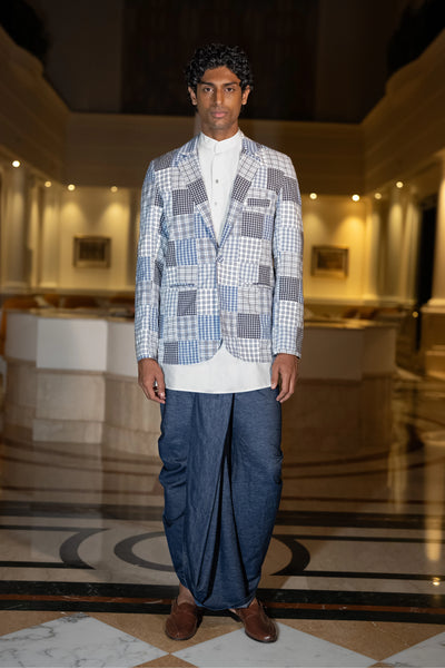 PATCHWORK CHECK BLAZER, POPLIN KURTA-SHIRT & DENIM DHOTI PANT