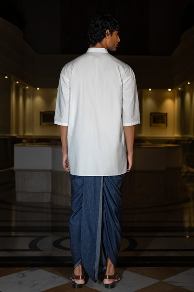 PATCHWORK CHECK BLAZER, POPLIN KURTA-SHIRT & DENIM DHOTI PANT