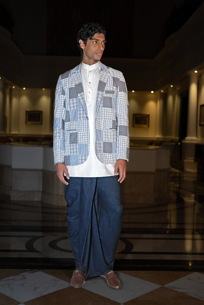 PATCHWORK CHECK BLAZER, POPLIN KURTA-SHIRT & DENIM DHOTI PANT dash and dot