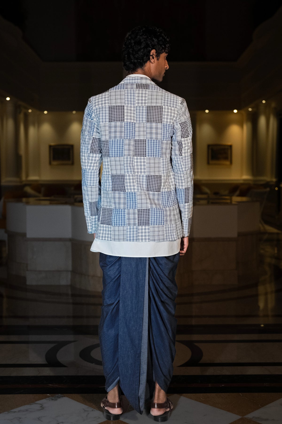 PATCHWORK CHECK BLAZER, POPLIN KURTA-SHIRT & DENIM DHOTI PANT