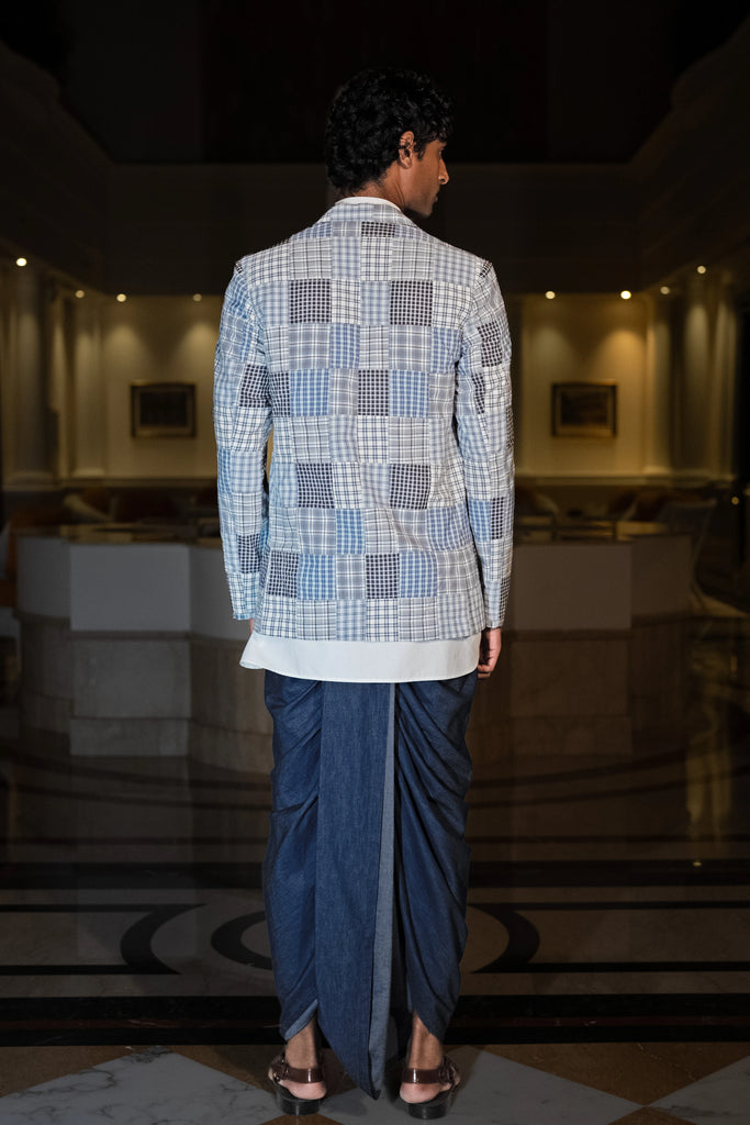 PATCHWORK CHECK BLAZER, POPLIN KURTA-SHIRT & DENIM DHOTI PANT dash and dot